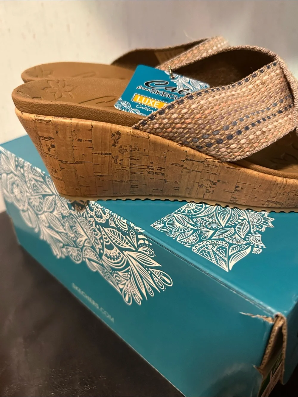 Skechers Woven Cross-Strap Cork Wedge Sandals in Beige and Multi Colors
